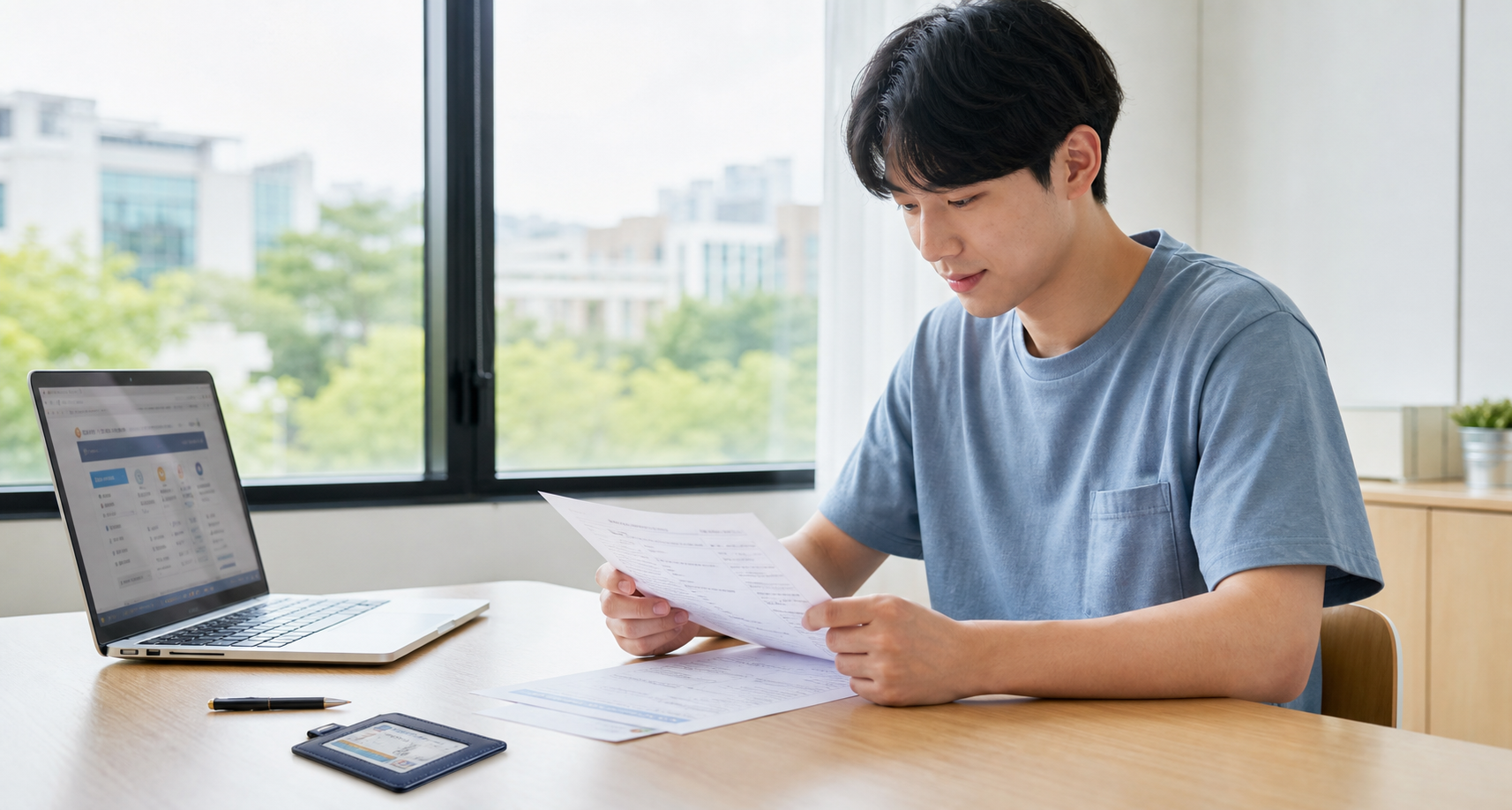 외국인등록 사실증명 발급 방법을 준비하는 외국인 유학생의 서류 확인 장면