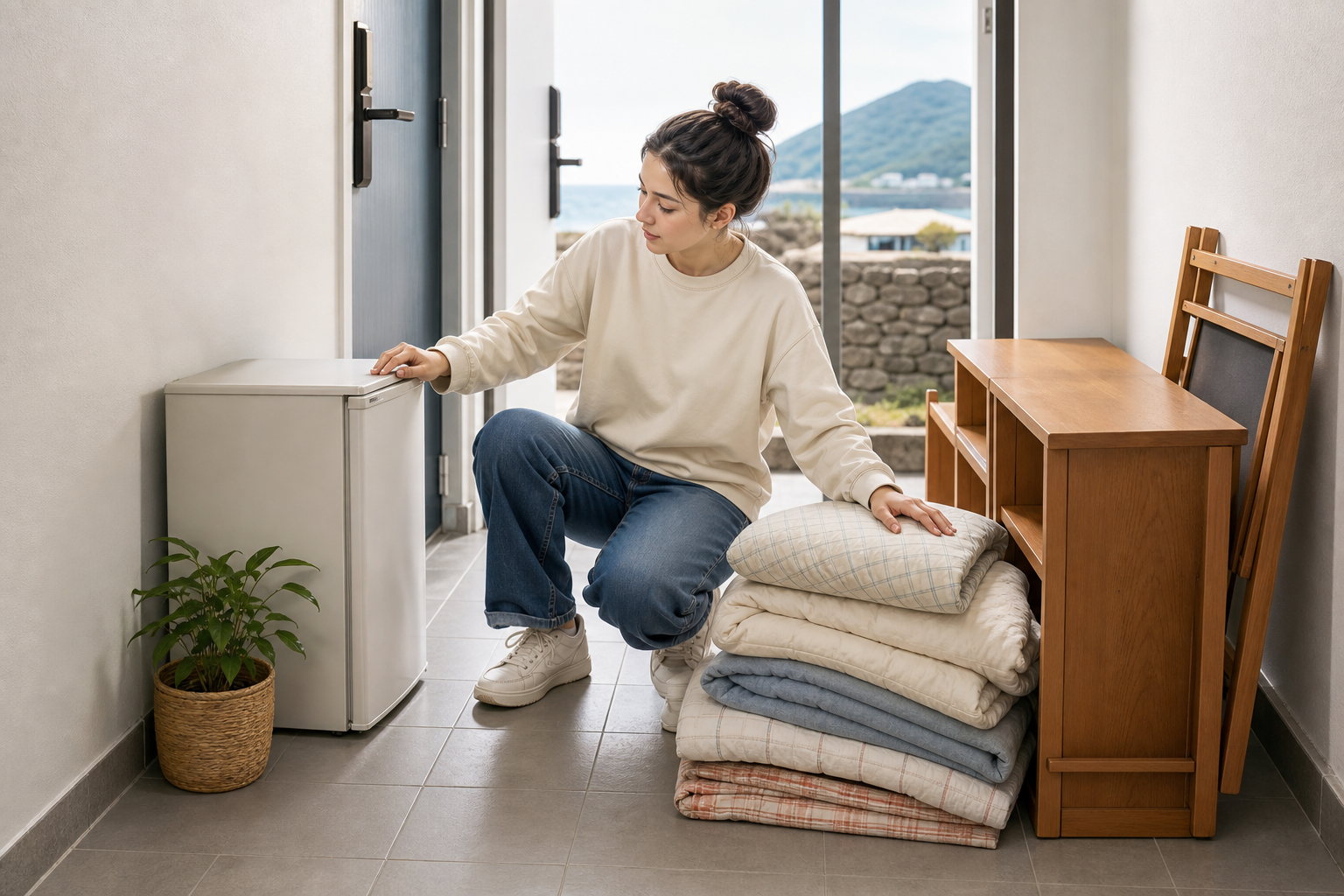 제주 대형폐기물 배출과 폐가전 무상수거를 구분해 정리한 유학생 방 정리 장면
